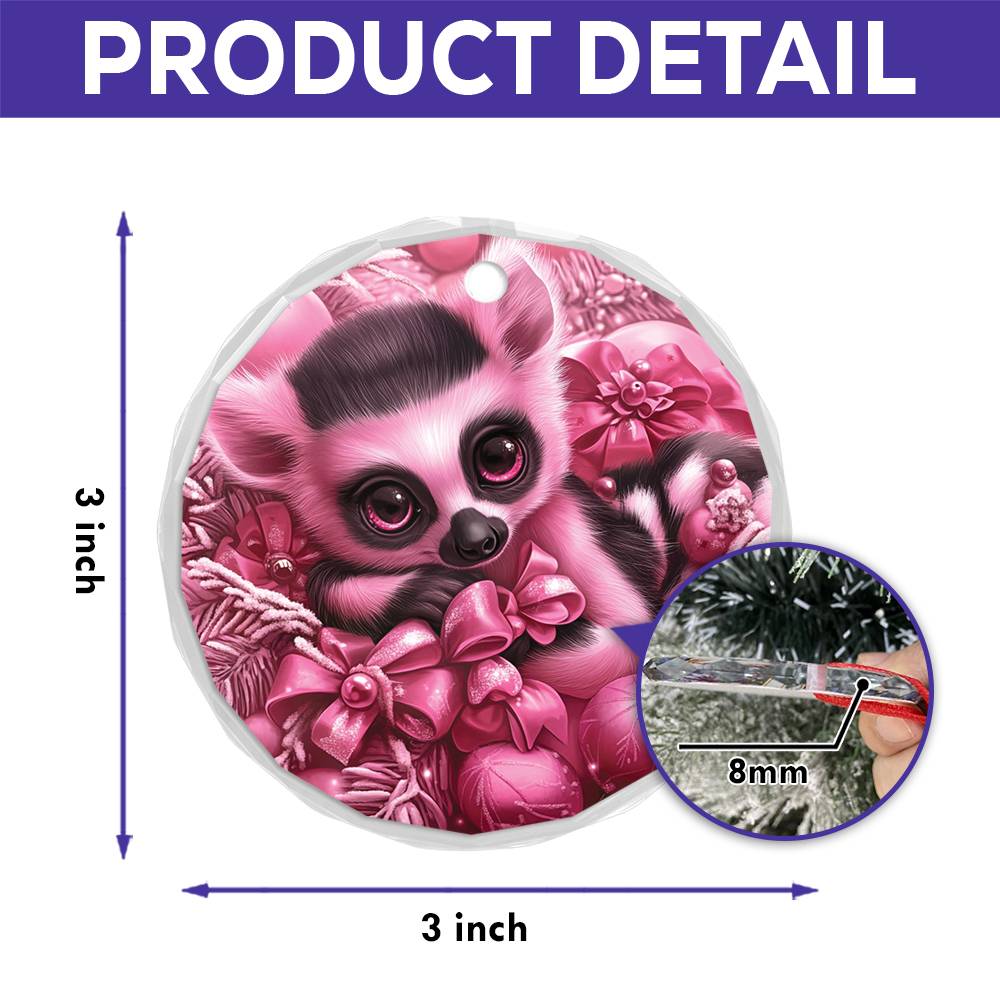 Lemur Pink Christmas Design 1 Glass Ornament