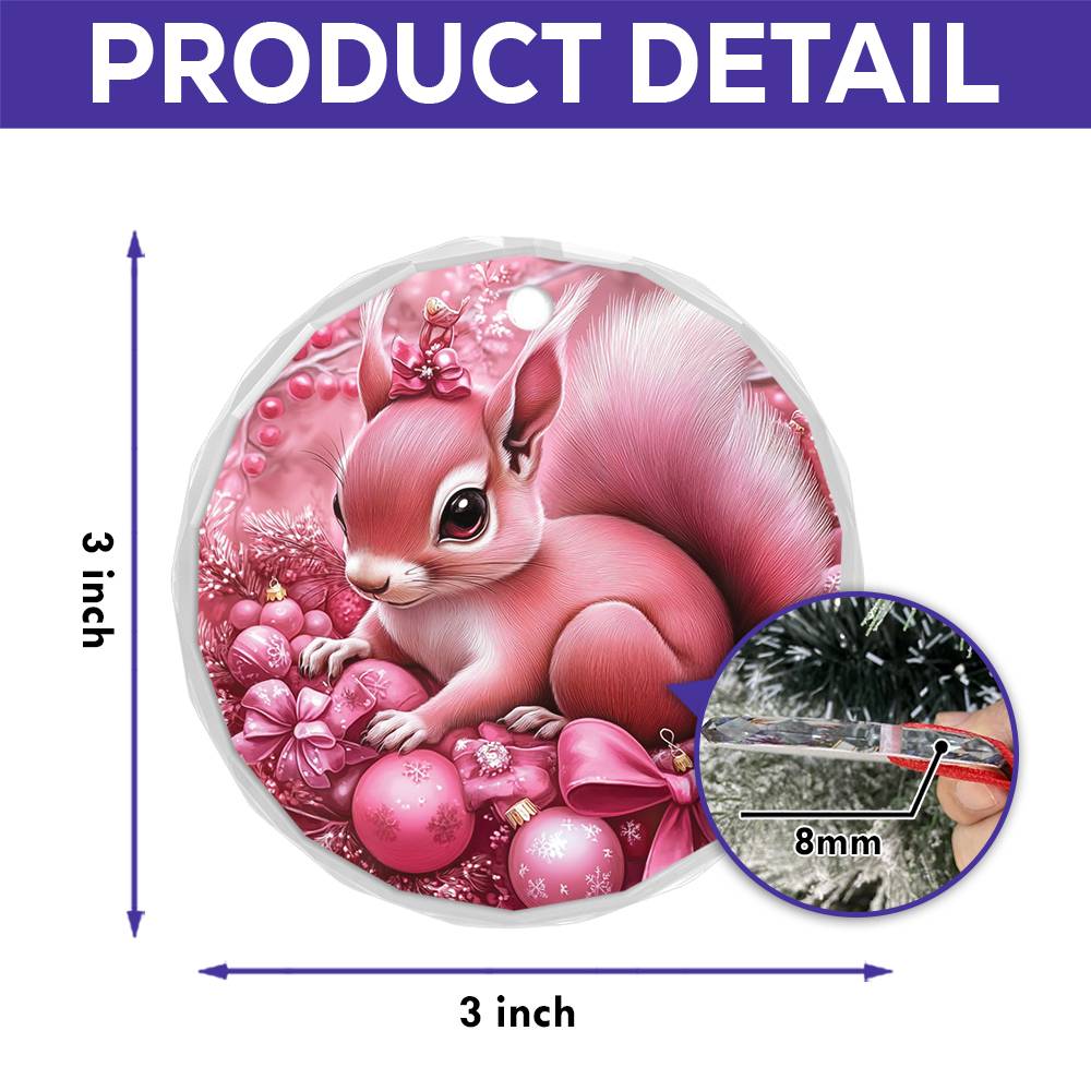 Squirrel Pink Christmas Design 3 Glass Ornament