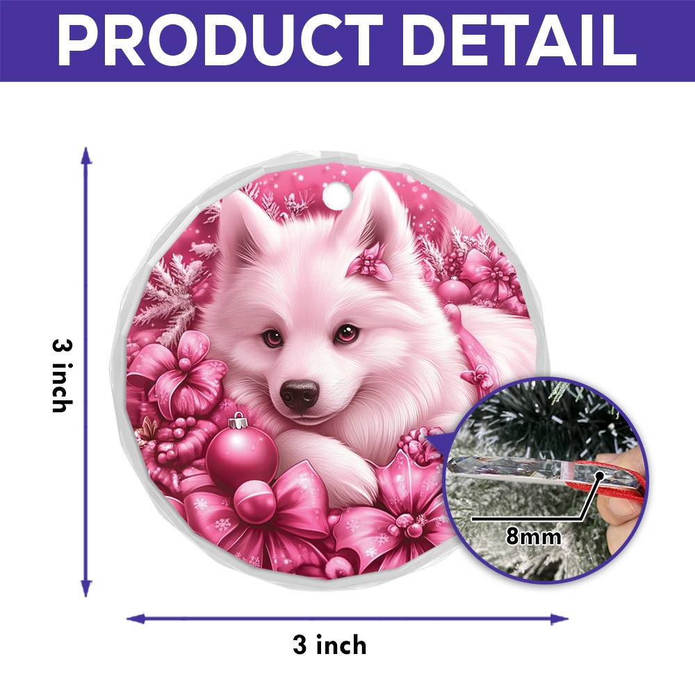 Samoyed Dog Pink Christmas Design 3 Glass Ornament
