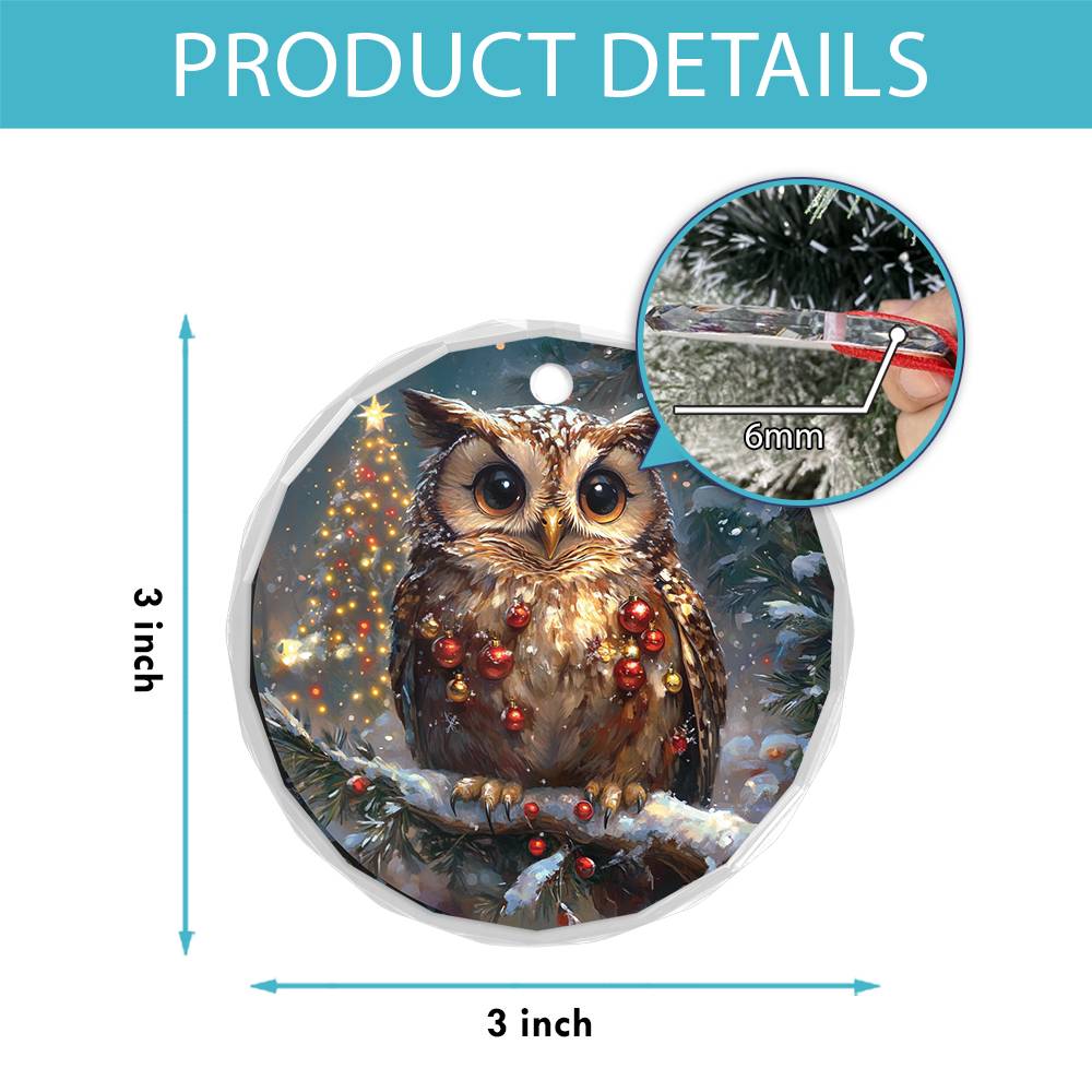 Beautiful Owl Christmas Night Design 4 Glass Ornament