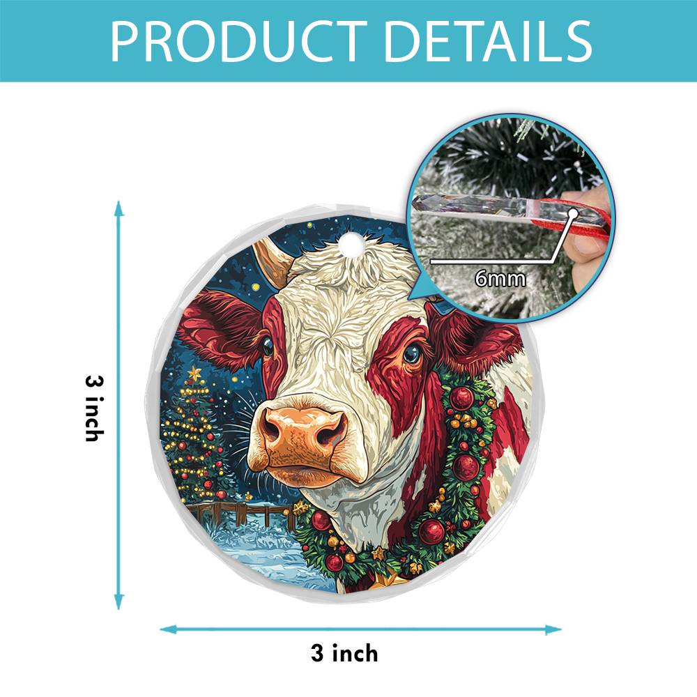 Beautiful Hereford Cow Christmas Night Design 3 Glass Ornament