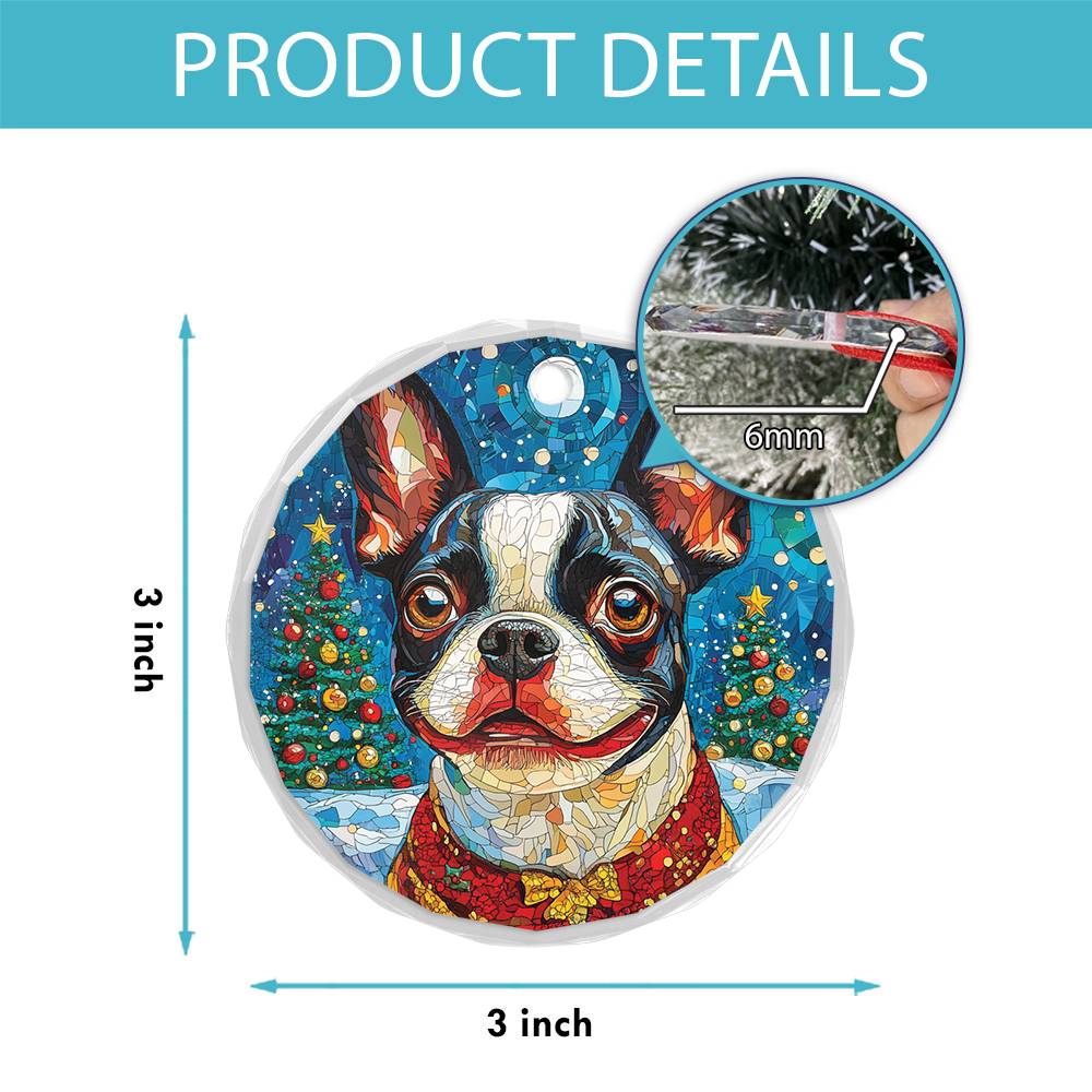 Beautiful Boston Terrier Dog Christmas Night Design 1 Glass Ornament
