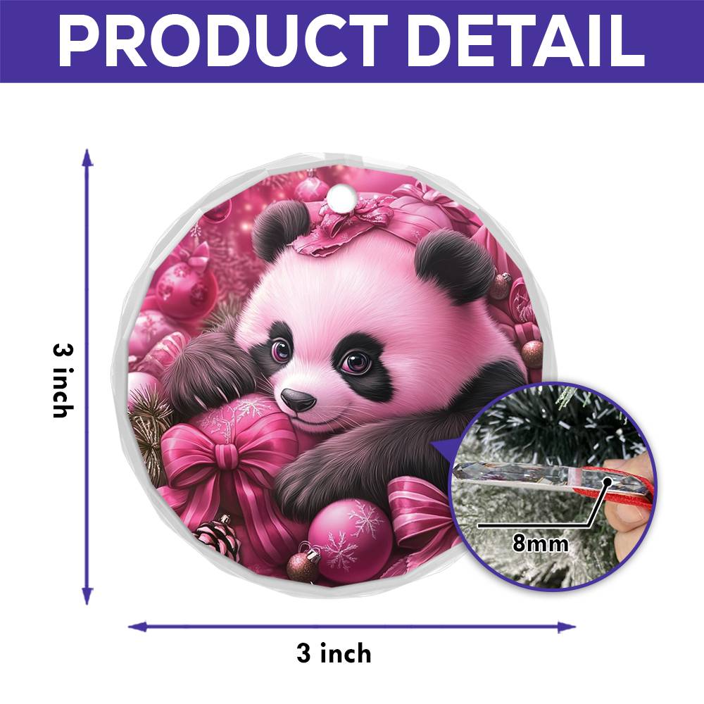 Panda Pink Christmas Design 3 Glass Ornament