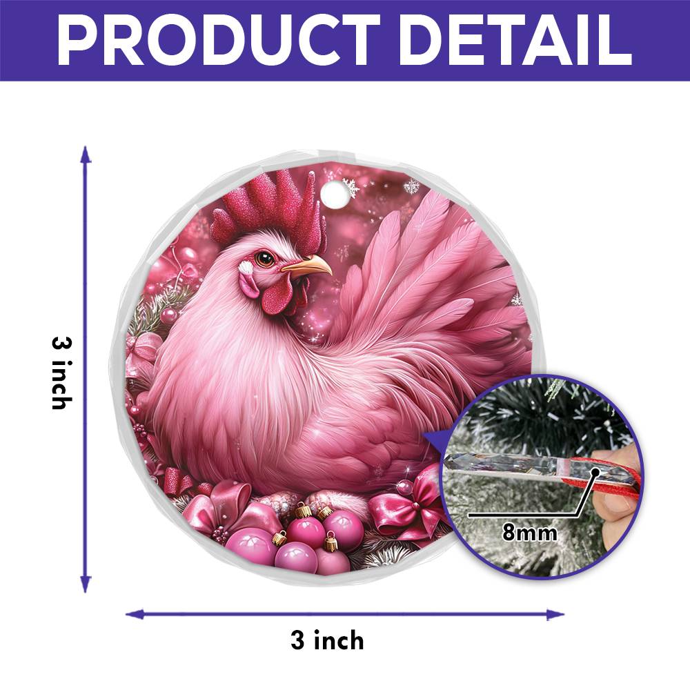 Rooster Pink Christmas Design 3 Glass Ornament