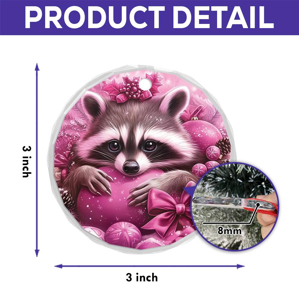 Racoon Pink Christmas Design 3 Glass Ornament