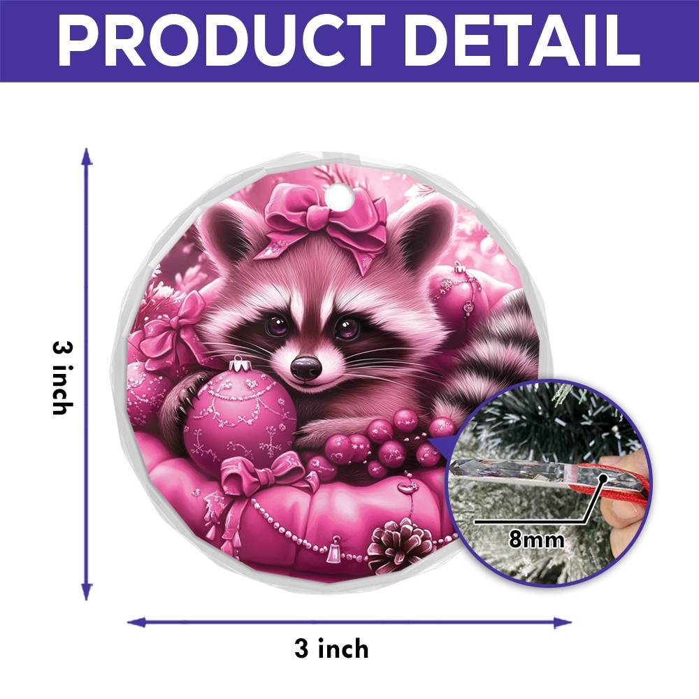 Racoon Pink Christmas Design 2 Glass Ornament