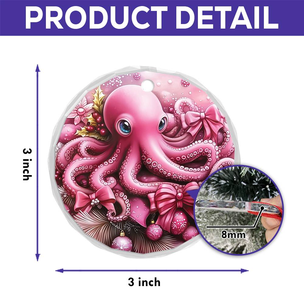 Octopus Pink Christmas Design 2 Glass Ornament