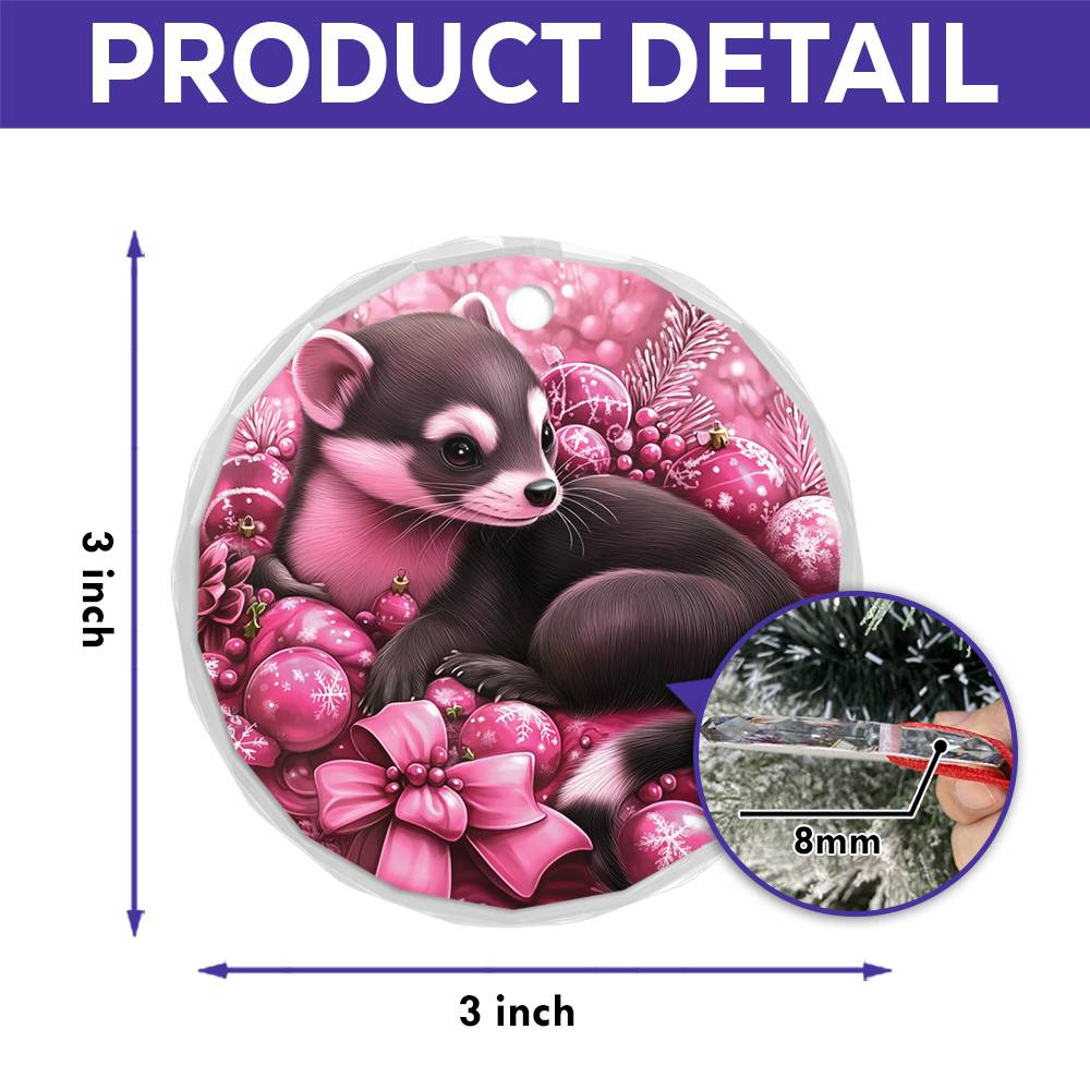 Ferret Pink Christmas Design 1 Glass Ornament