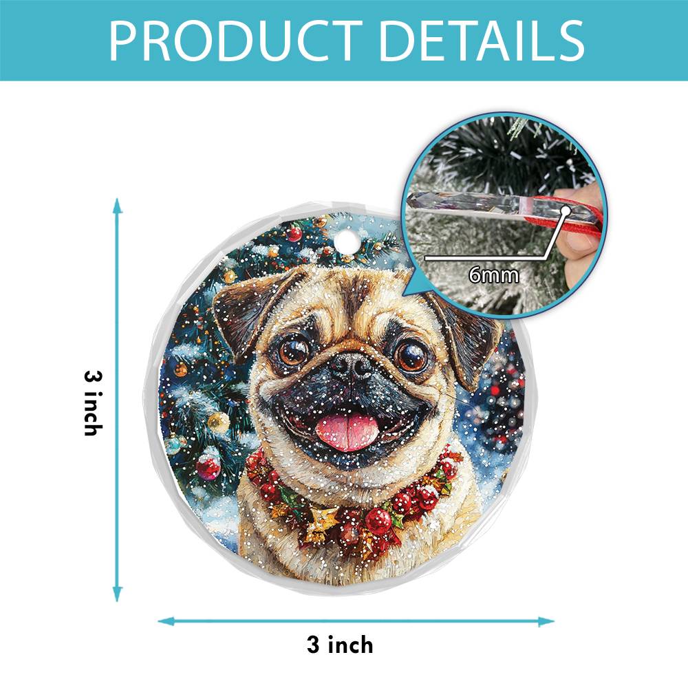 Beautiful Pug Dog Christmas Night Design 4 Glass Ornament