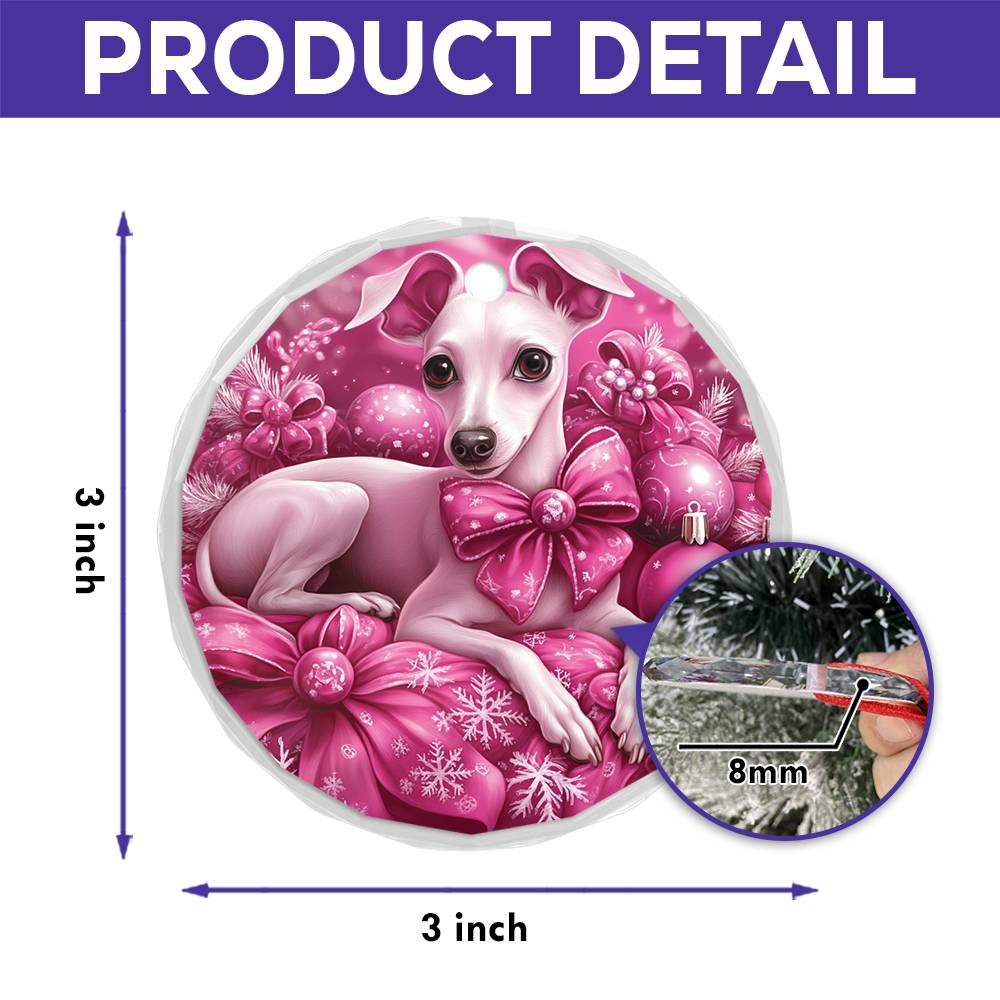 Whippet Dog Pink Christmas Design 3 Glass Ornament