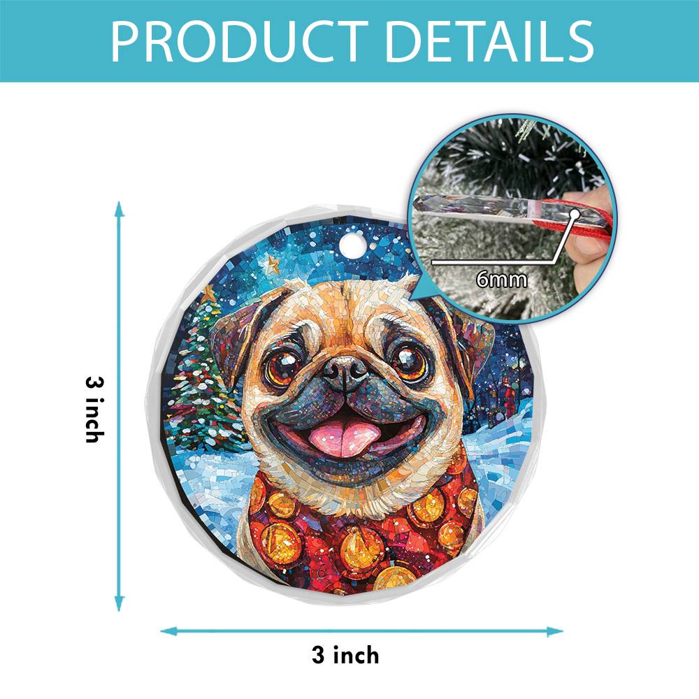 Beautiful Pug Dog Christmas Night Design 1 Glass Ornament