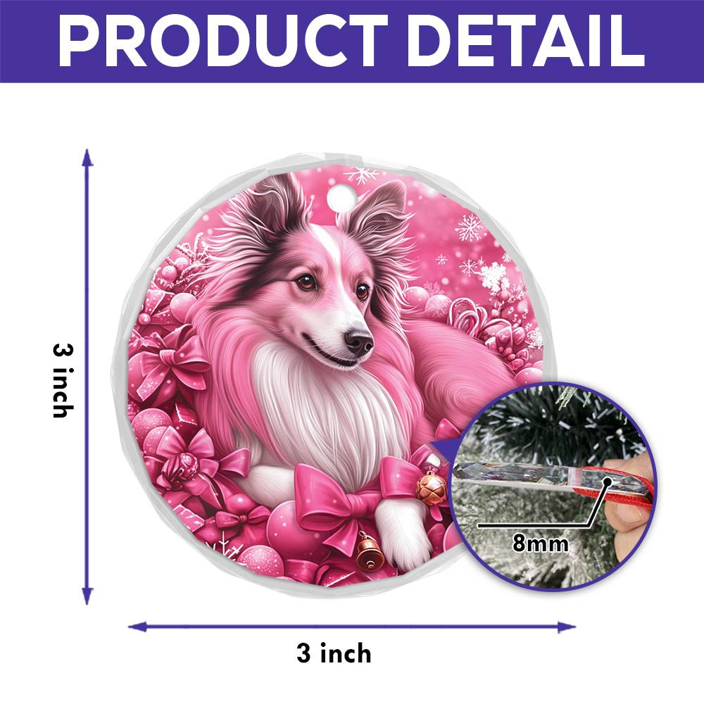 Collie Dog Pink Christmas Design 2 Glass Ornament