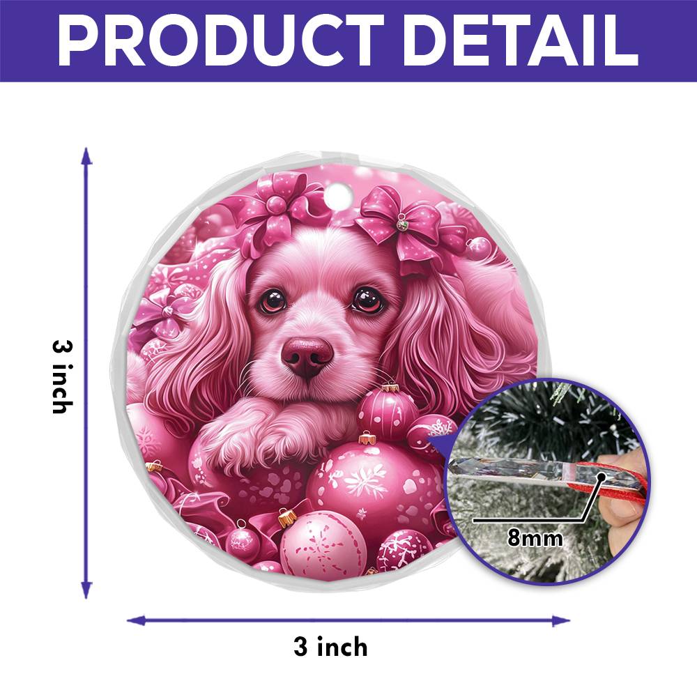 Cocker Spaniel Dog Pink Christmas Design 1 Glass Ornament