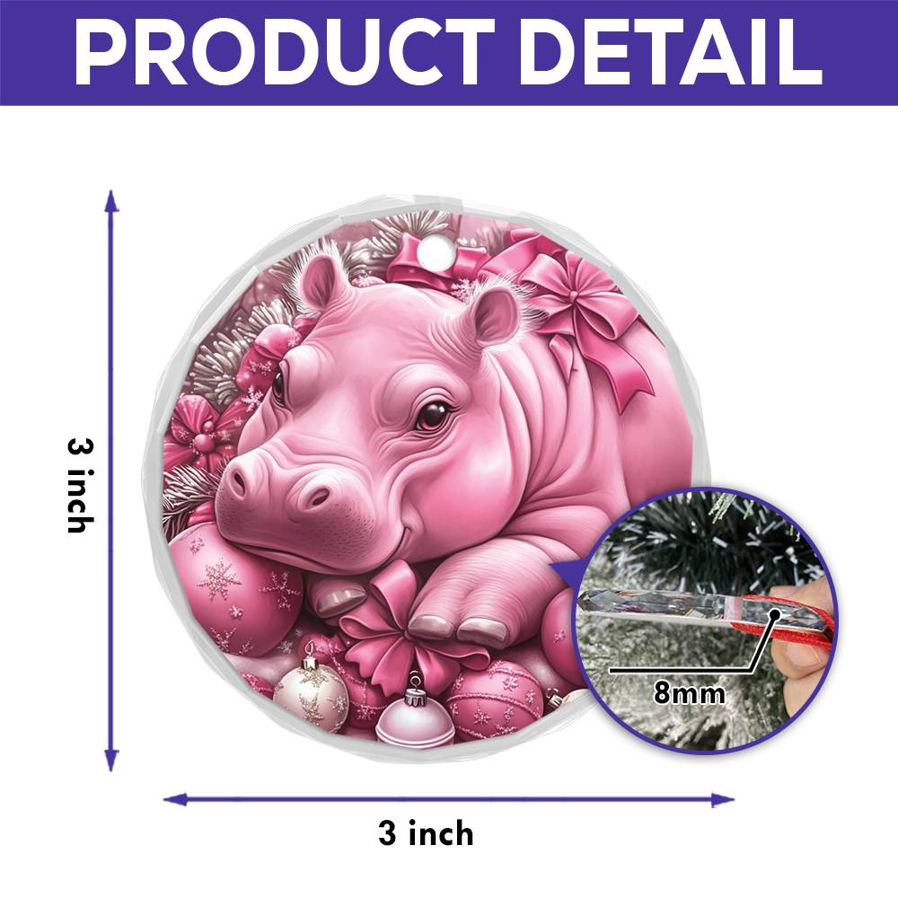 Hippo Pink Christmas Design 1 Glass Ornament