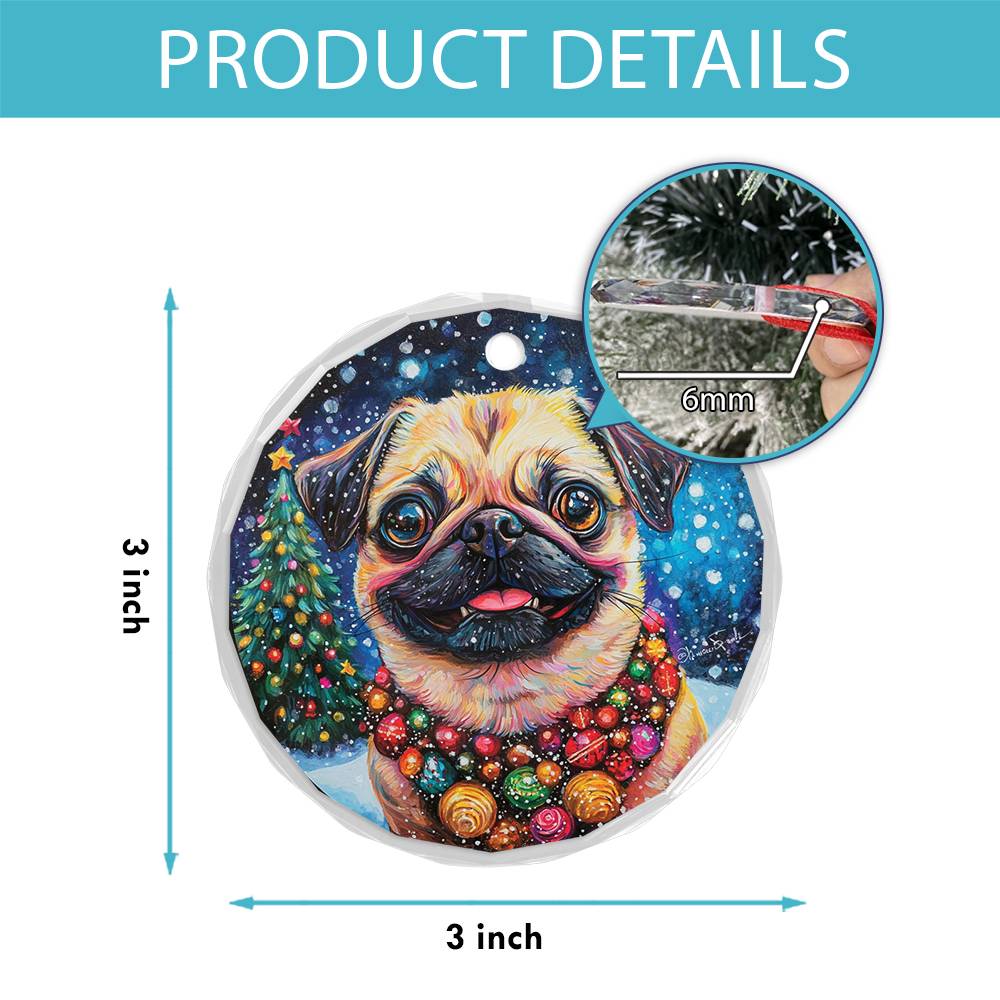 Beautiful Pug Dog Christmas Night Design 3 Glass Ornament