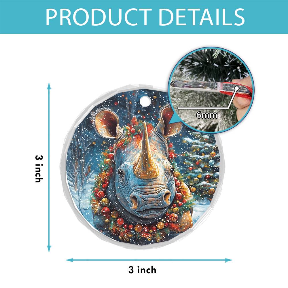 Beautiful Rhino Christmas Night Design 4 Glass Ornament