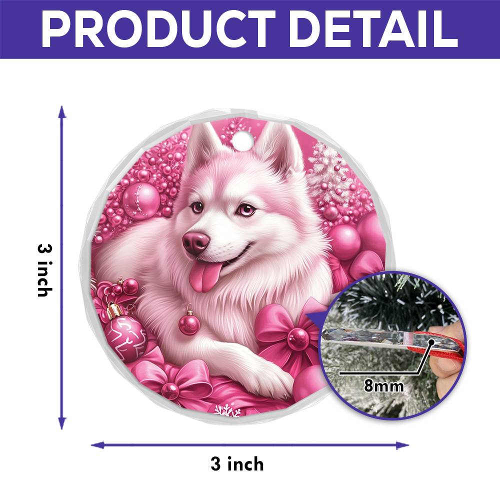Siberian Huskie Dog Pink Christmas Design 3 Glass Ornament