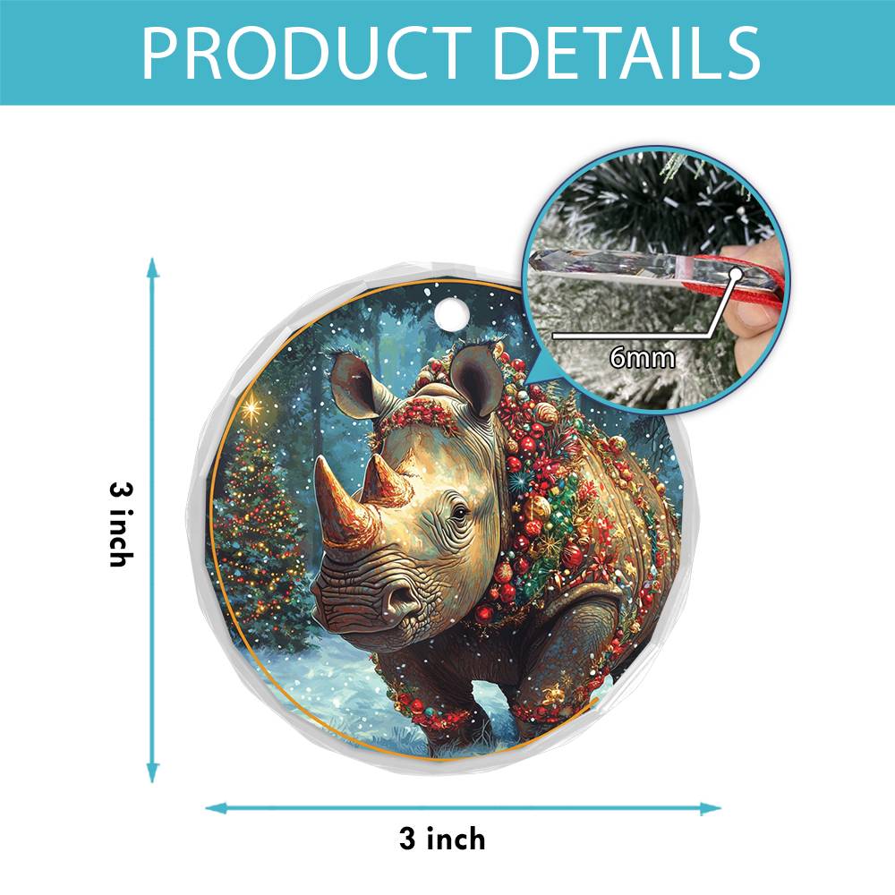 Beautiful Rhino Christmas Night Design 1 Glass Ornament