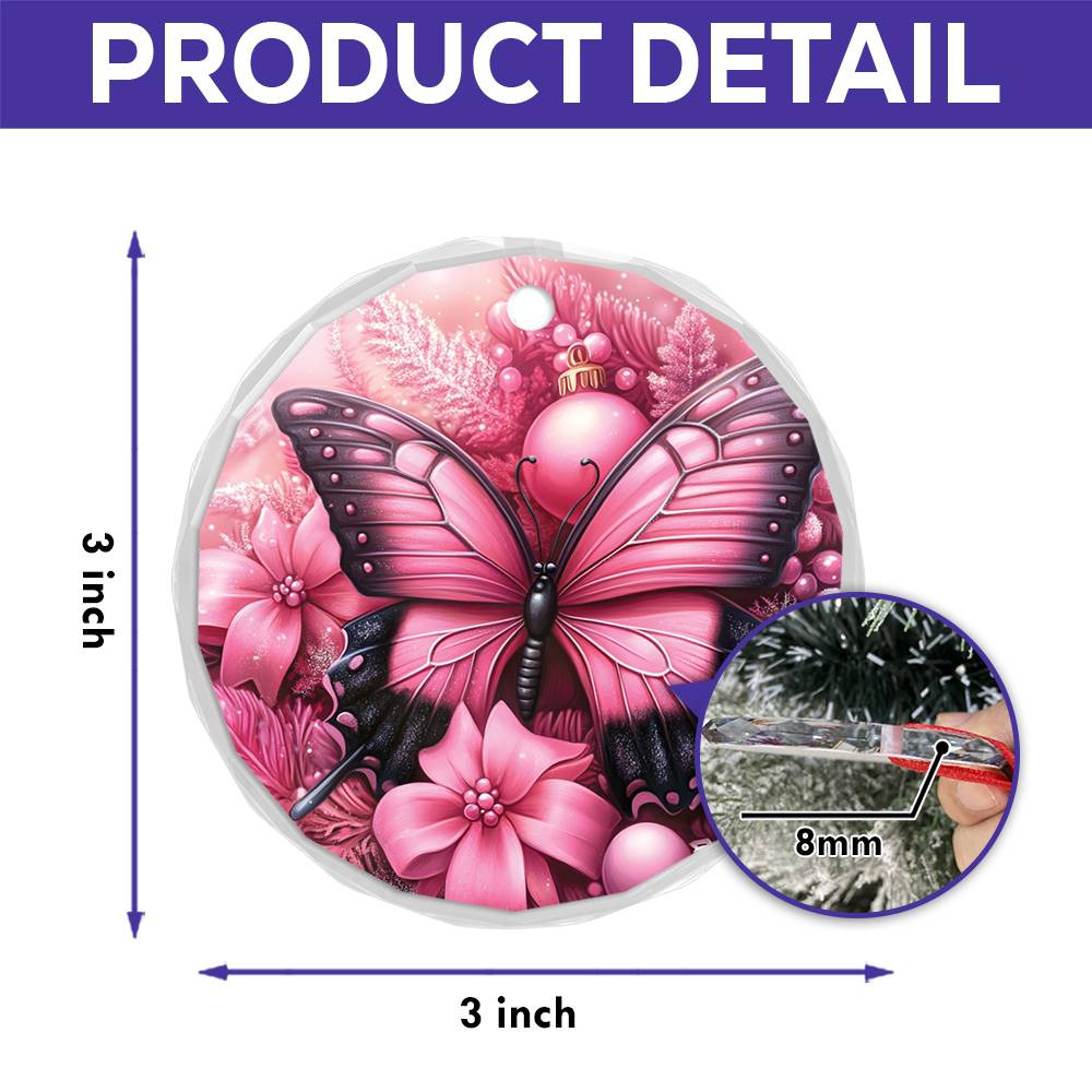 Butterfly Pink Christmas Design 4 Glass Ornament