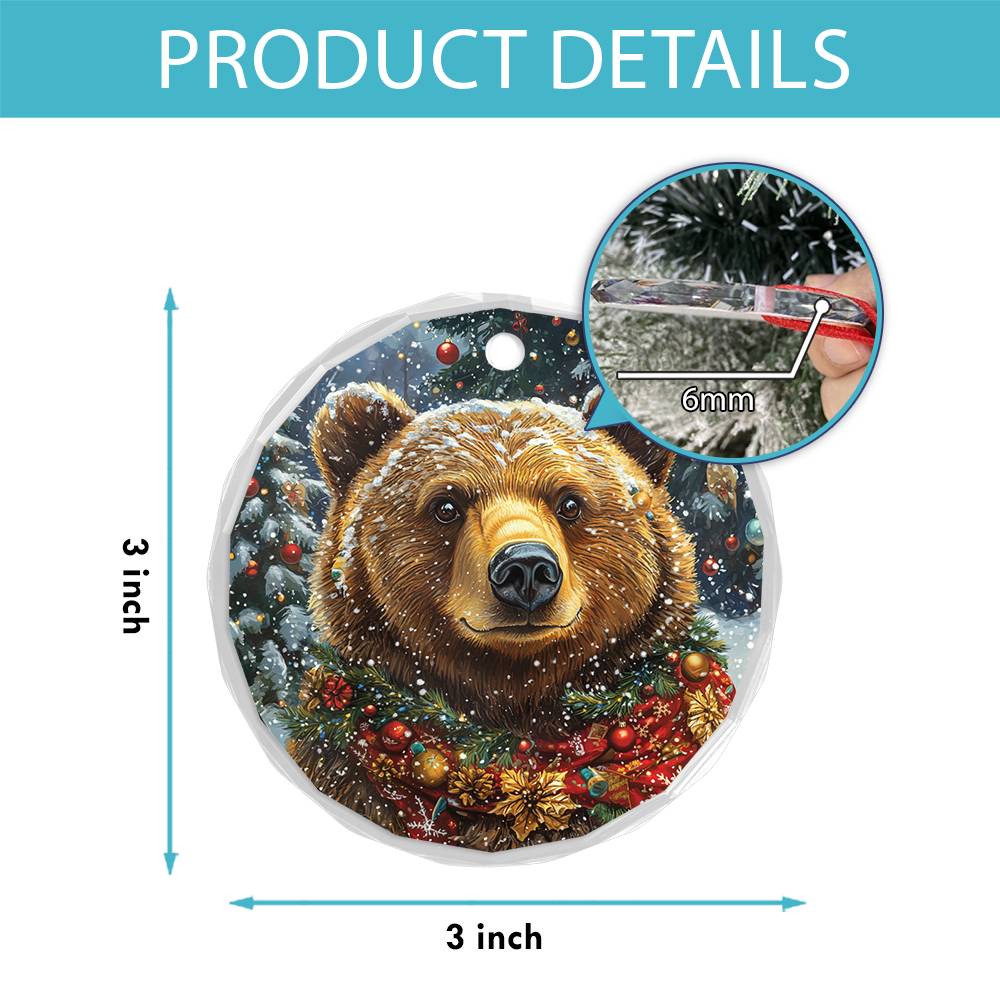Beautiful Angus Grizzly Bear Christmas Night Design 1 Glass Ornament