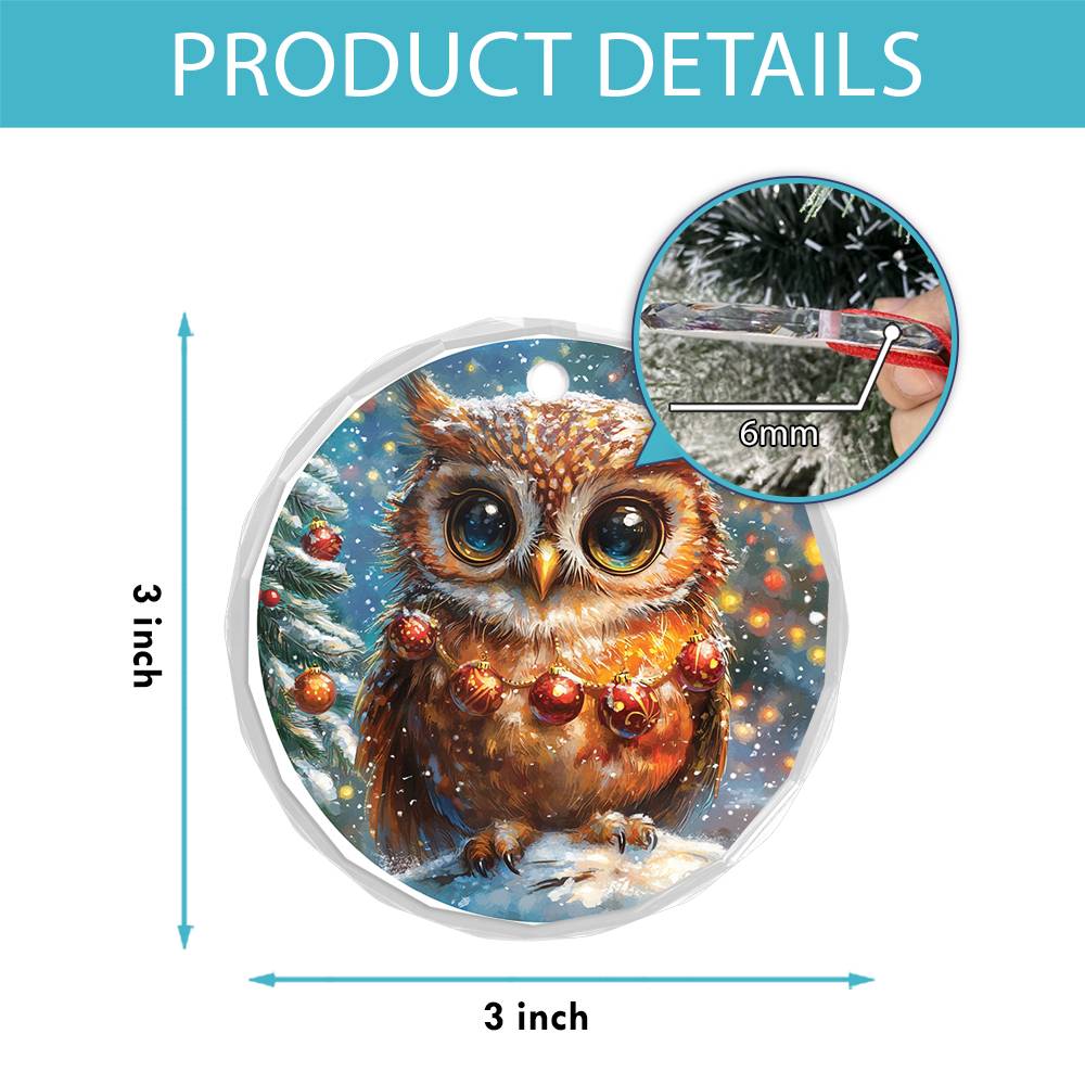 Beautiful Owl Christmas Night Design 3 Glass Ornament