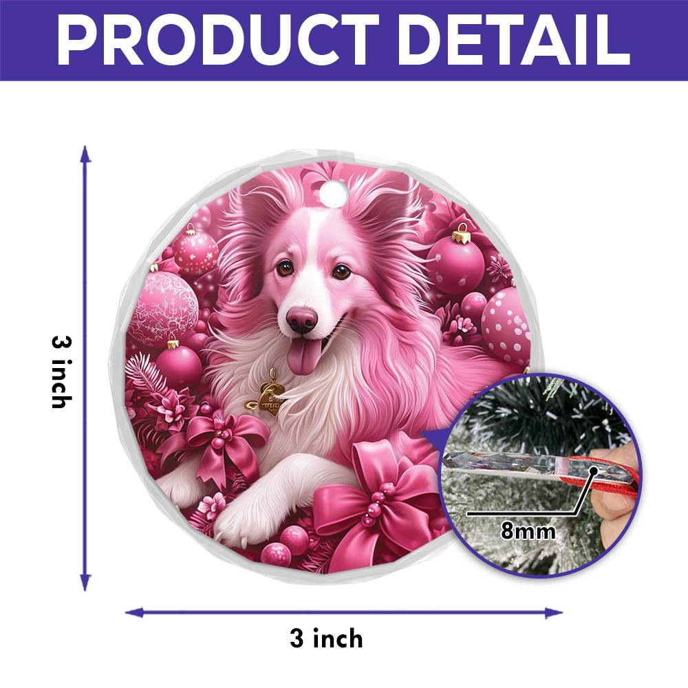Collie Dog Pink Christmas Design 1 Glass Ornament
