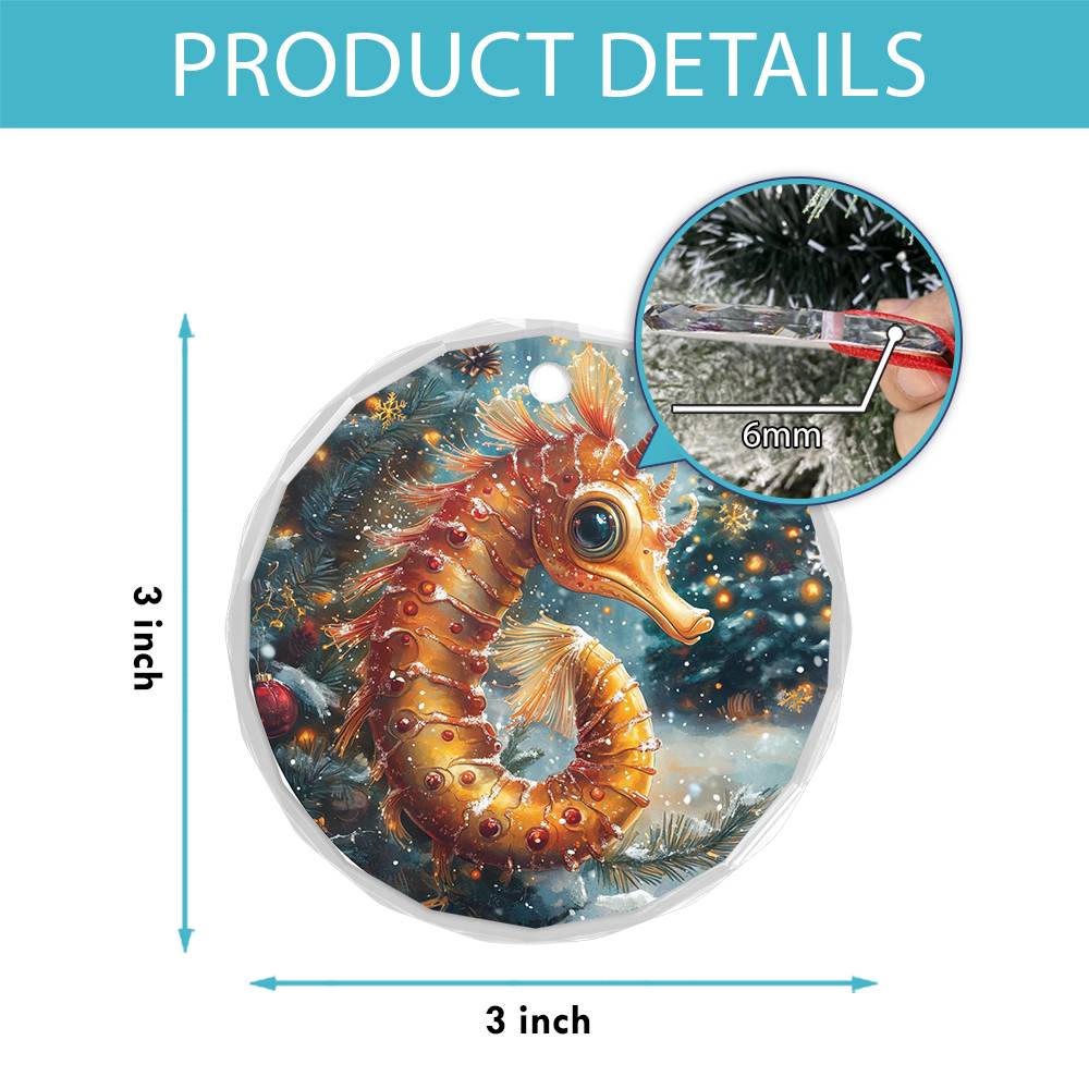 Beautiful Angus Seahorse Christmas Night Design 1 Glass Ornament