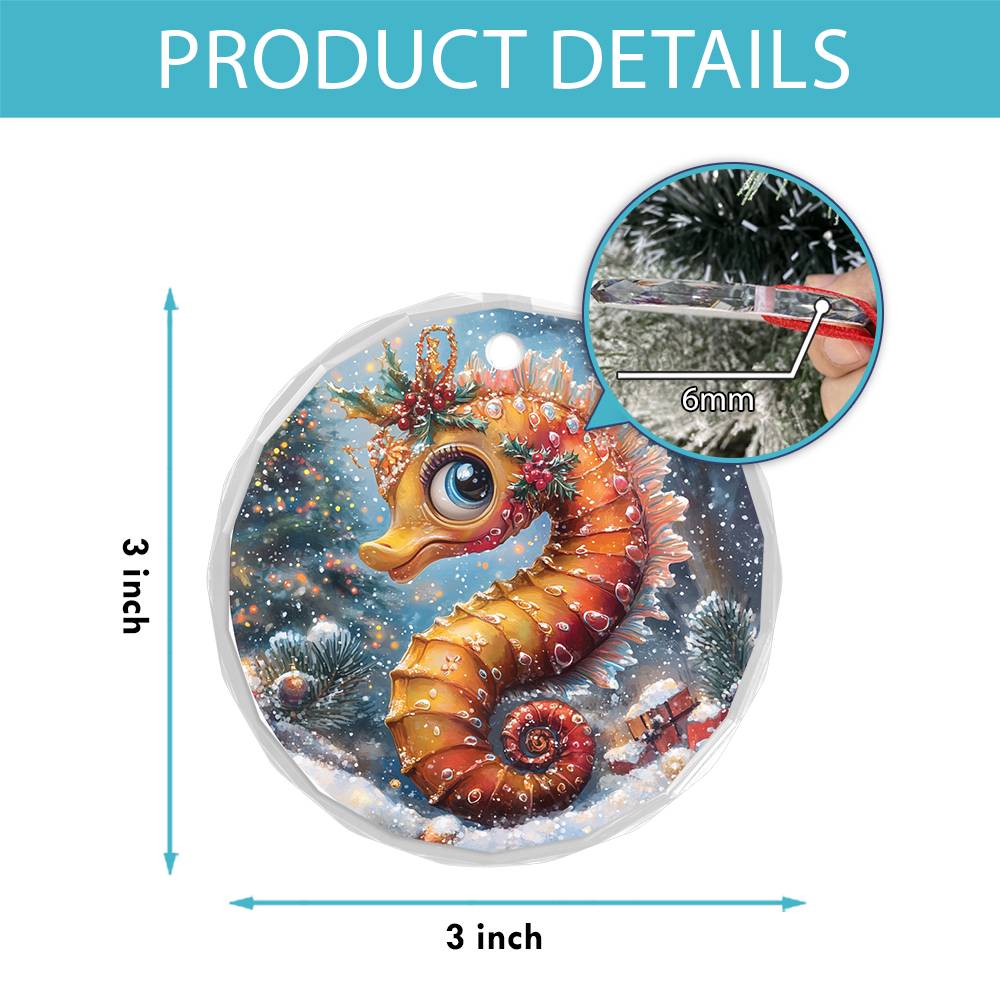 Beautiful Angus Seahorse Christmas Night Design 2 Glass Ornament