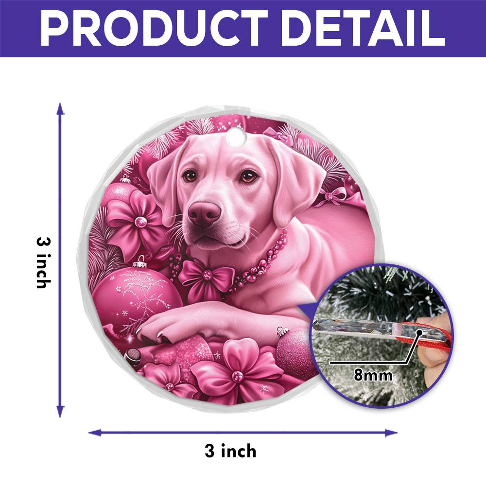 Labrador Retriever Dog Pink Christmas Design 2 Glass Ornament