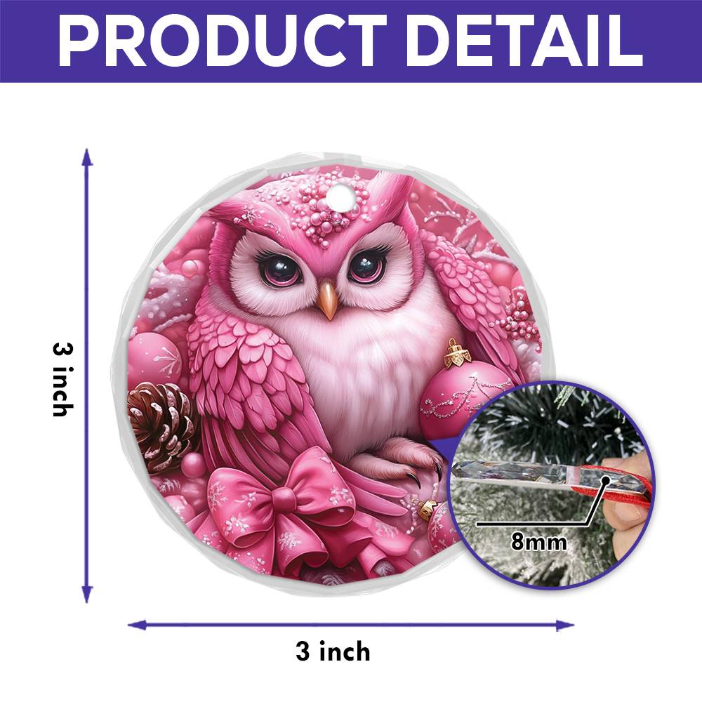 Owl Pink Christmas Design 3 Glass Ornament