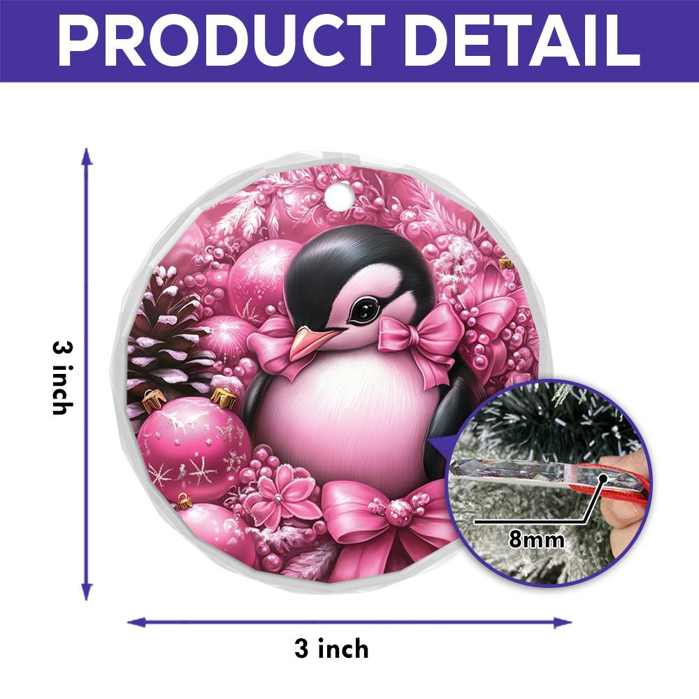 Penguin Pink Christmas Design 2 Glass Ornament