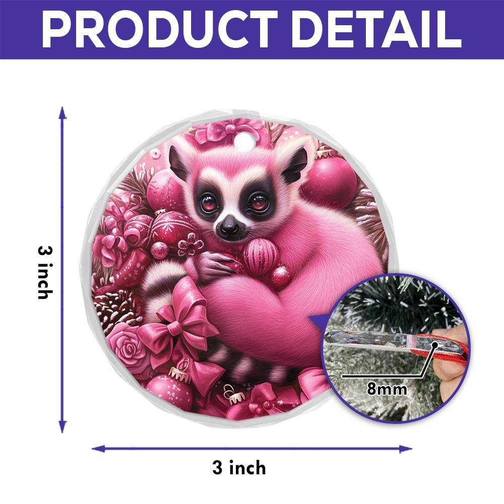 Lemur Pink Christmas Design 2 Glass Ornament