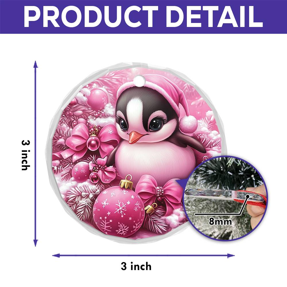 Penguin Pink Christmas Design 1 Glass Ornament