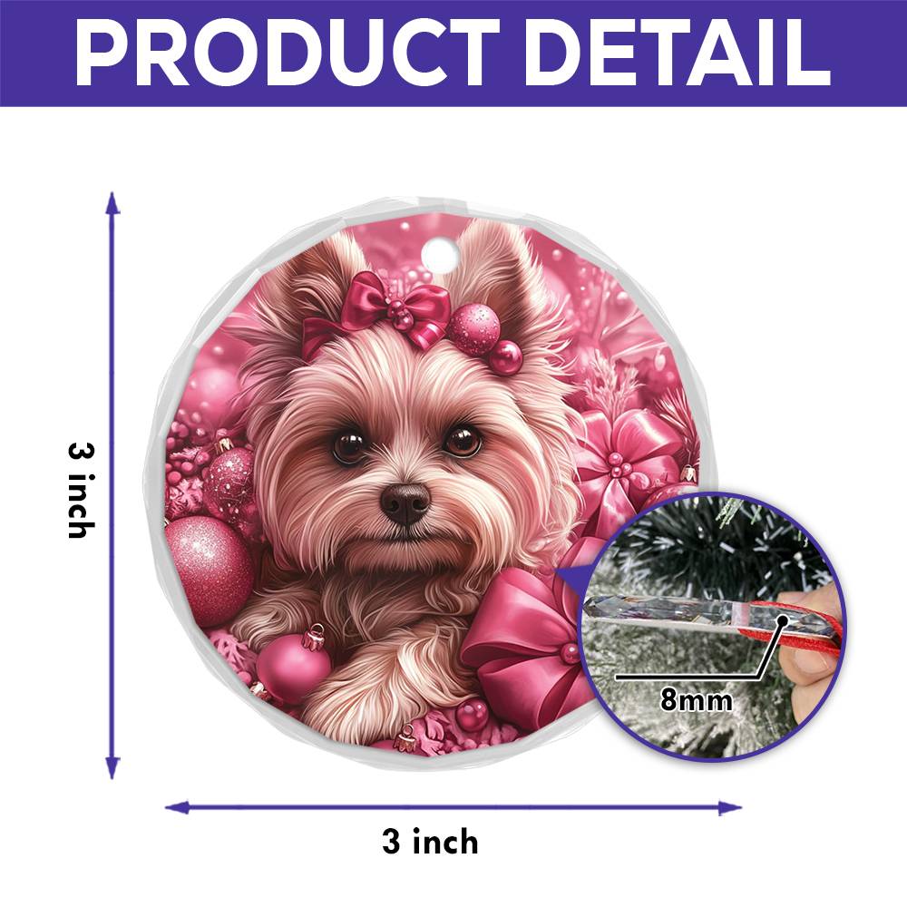 Yorkshire Terrier Dog Pink Christmas Design 4 Glass Ornament