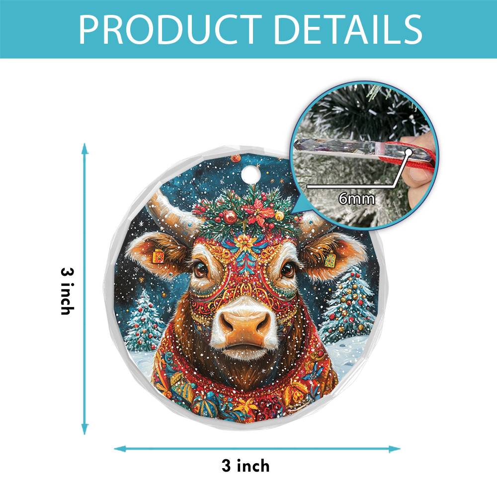 Beautiful Bull Christmas Night Design 4 Glass Ornament