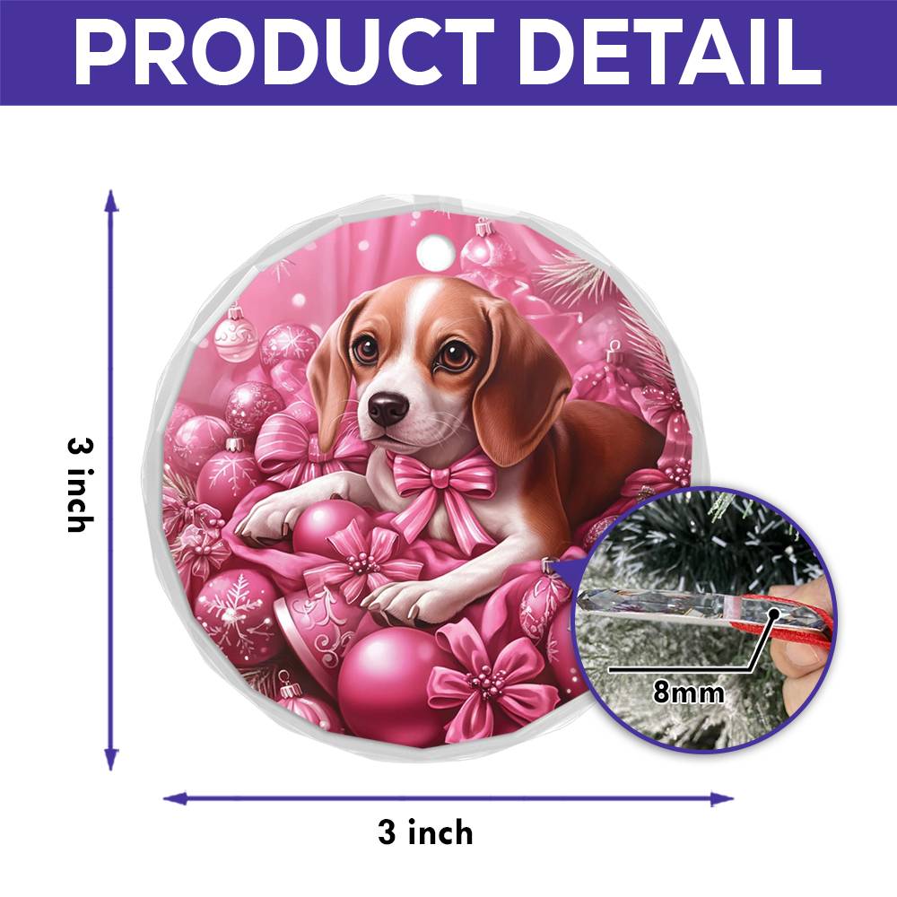 Beagle Dog Pink Christmas Design 2 Glass Ornament