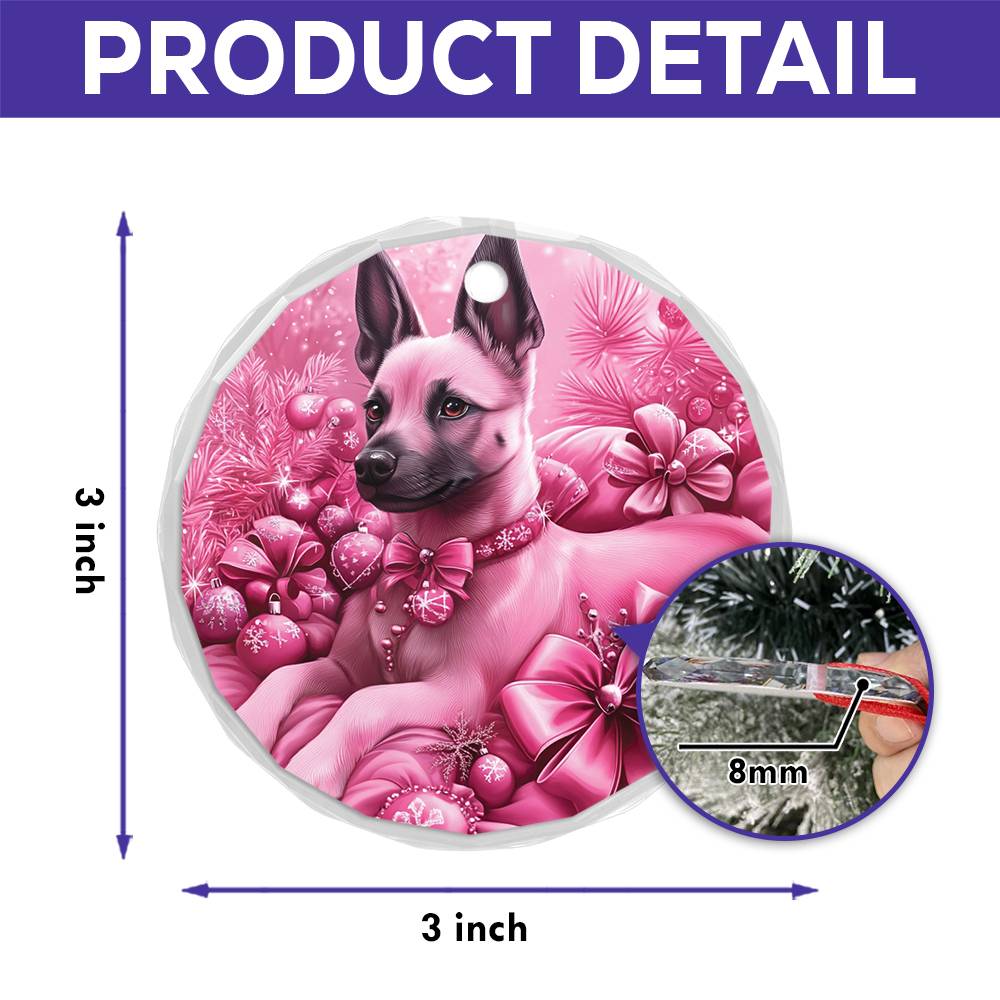Belgian Malinoi Dog Pink Christmas Design 1 Glass Ornament