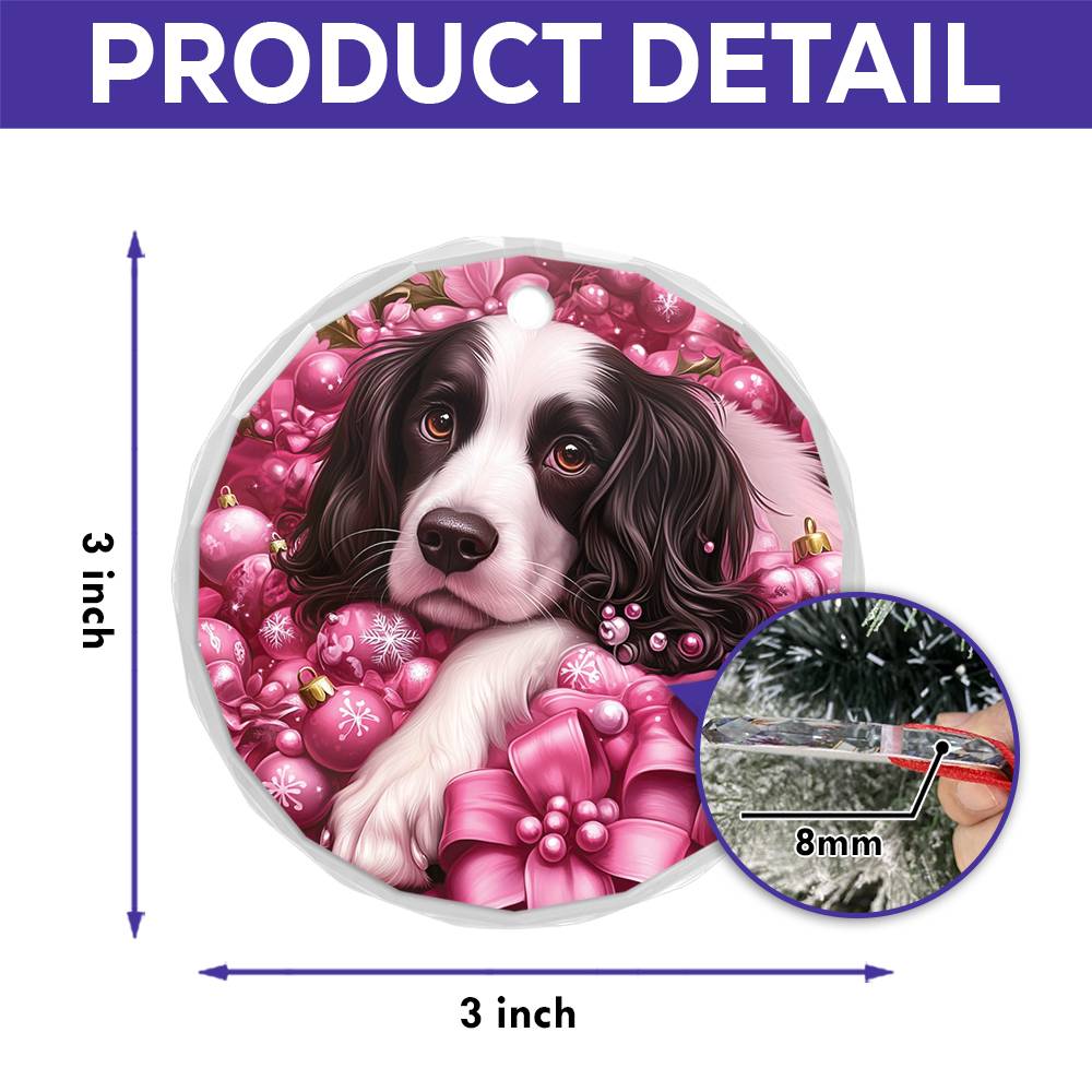 English Springer Spaniel Dog Pink Christmas Design 4 Glass Ornament