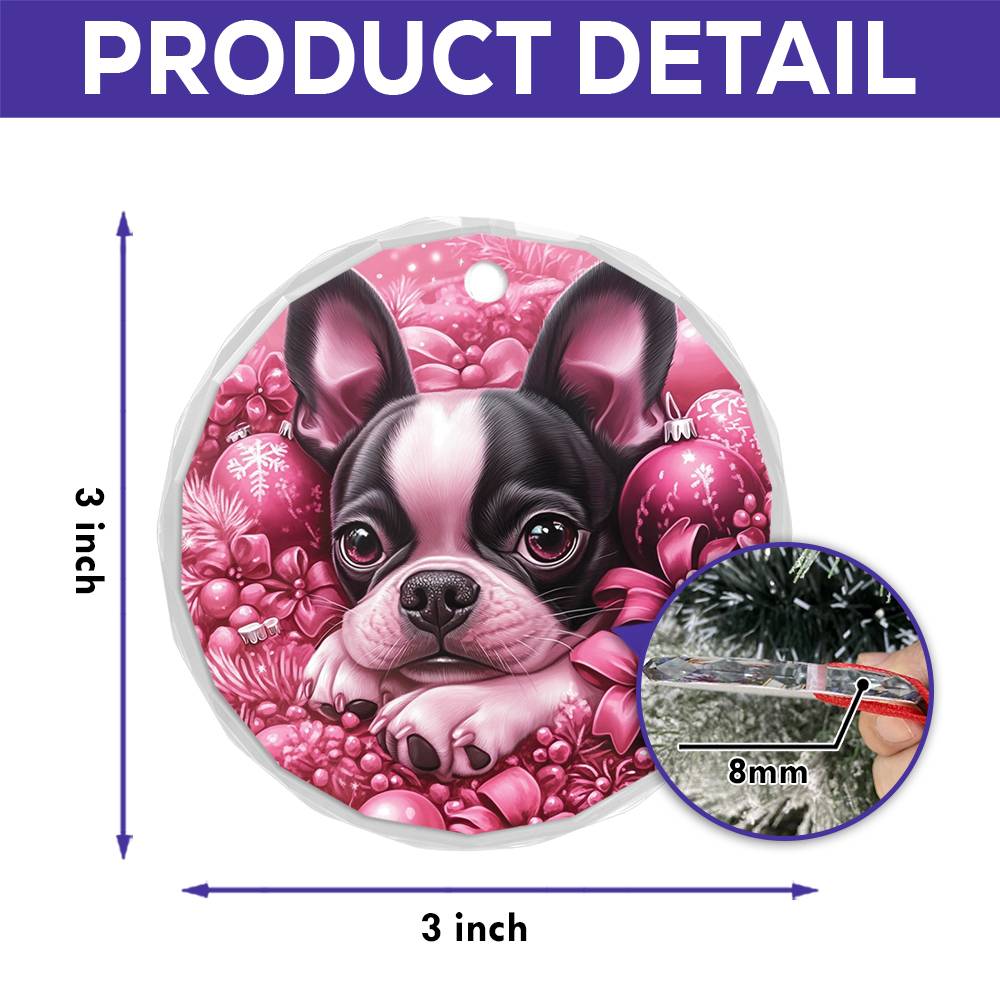 Boston Terrier Dog Pink Christmas Design 4 Glass Ornament