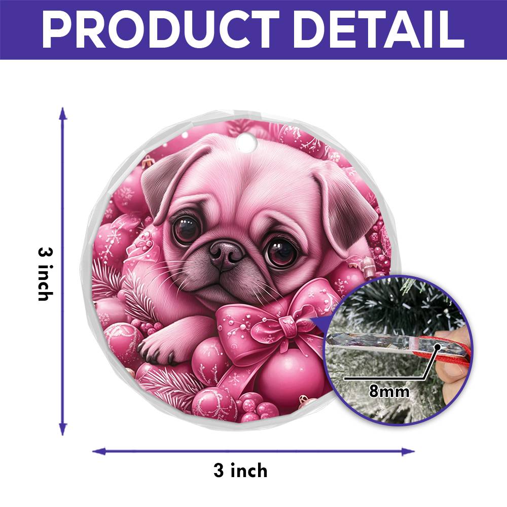 Pug Dog Pink Christmas Design 1 Glass Ornament