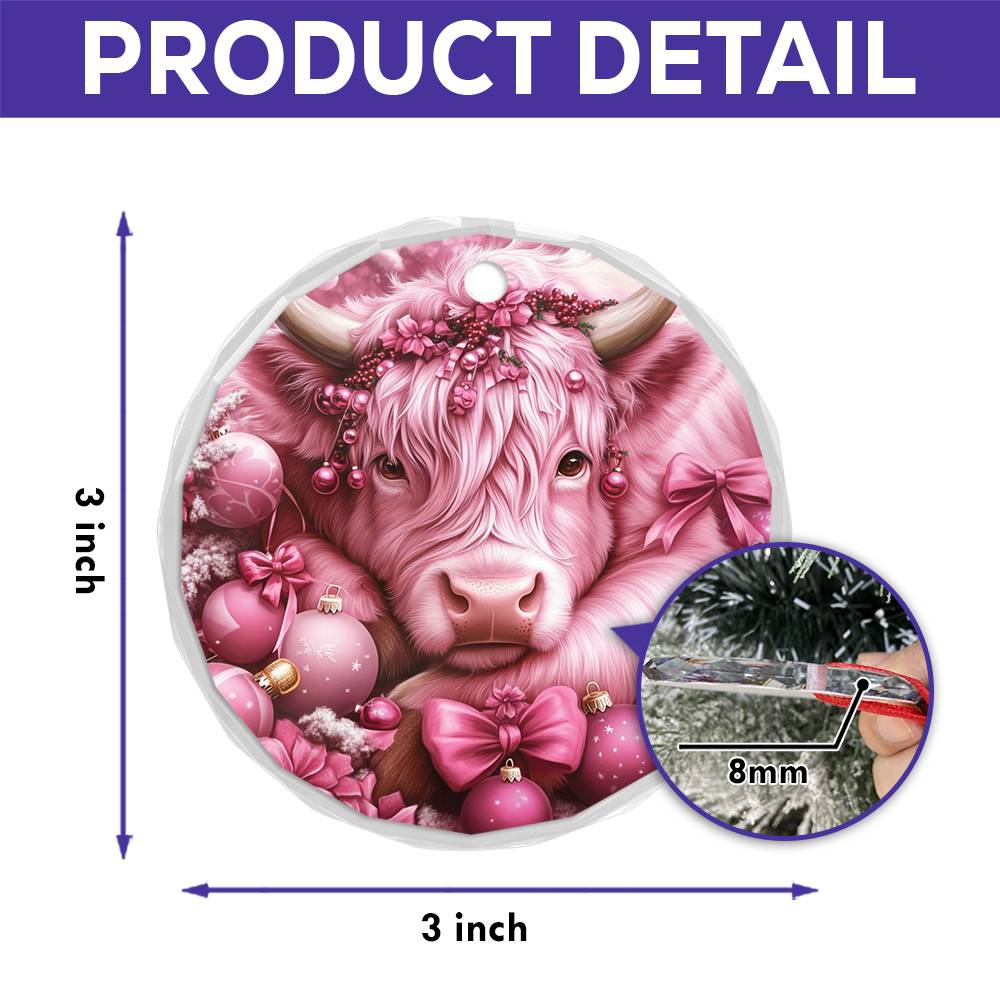 Highland Cow Pink Christmas Design 3 Glass Ornament