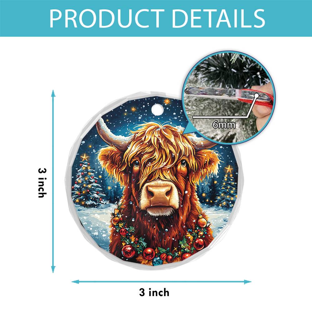 Beautiful Highland Cow Christmas Night Design 4 Glass Ornament