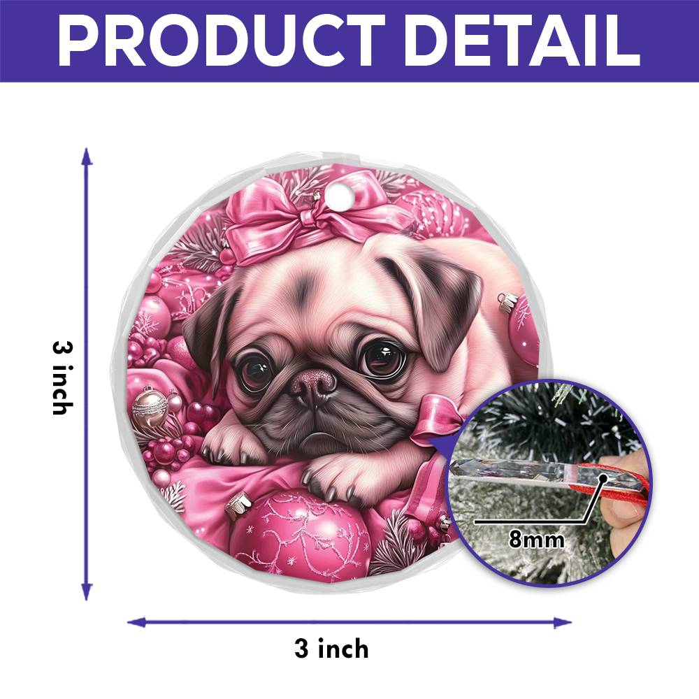 Pug Dog Pink Christmas Design 2 Glass Ornament