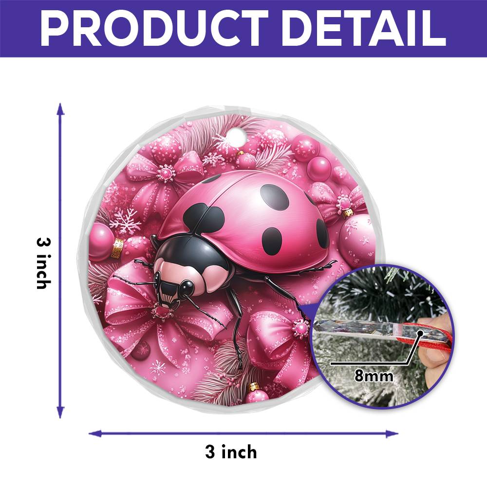 Ladybug Pink Christmas Design 3 Glass Ornament