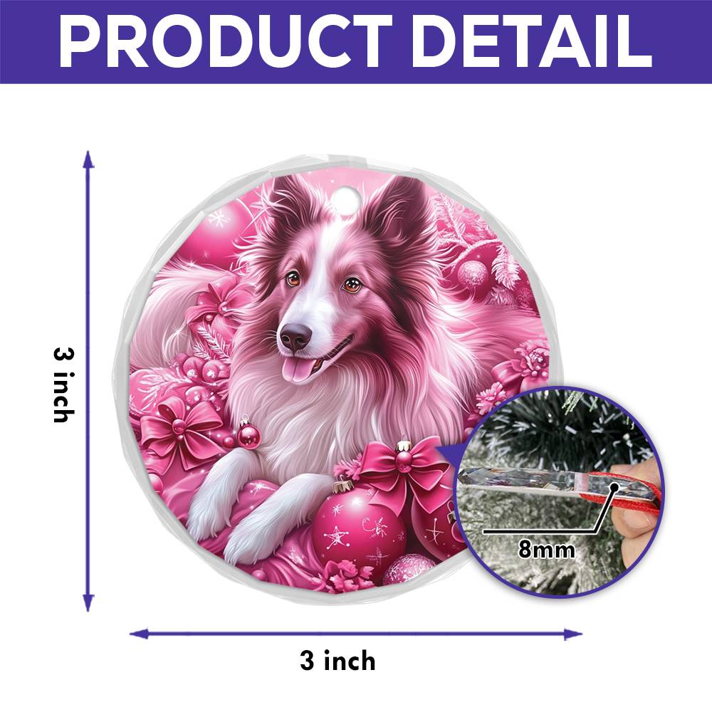 Collie Dog Pink Christmas Design 3 Glass Ornament