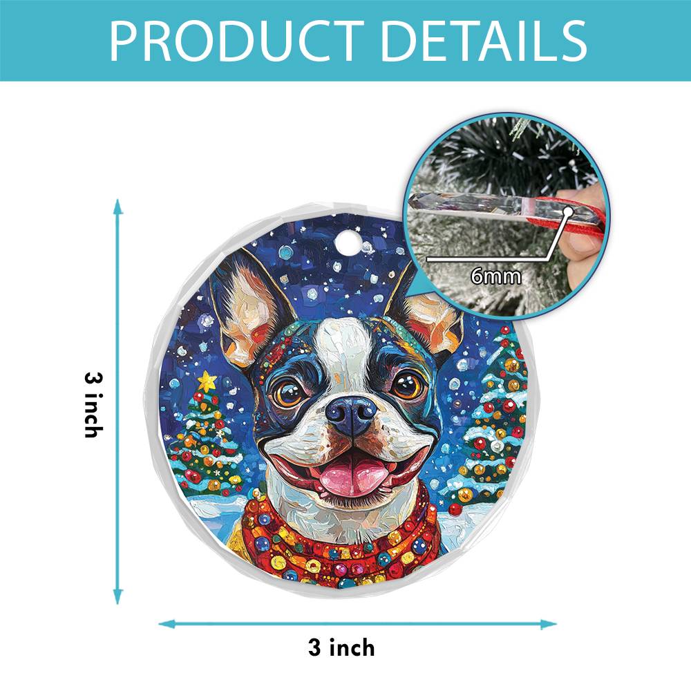 Beautiful Boston Terrier Dog Christmas Night Design 3 Glass Ornament