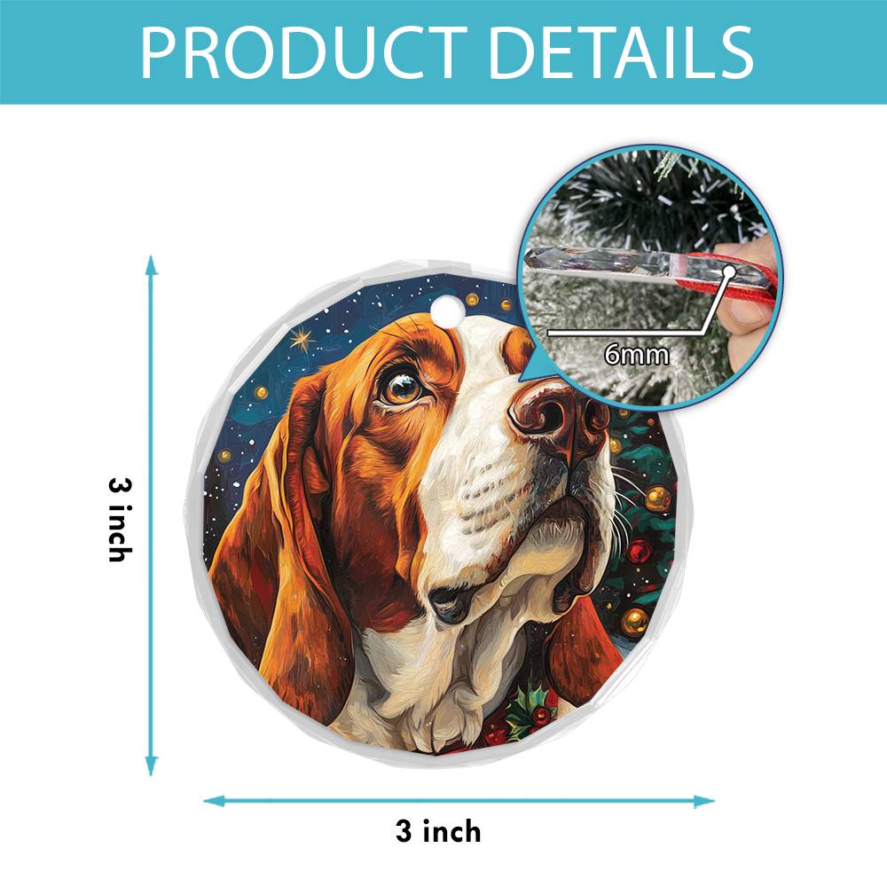 Beautiful Bassett Hound Dog Christmas Night Design 1 Glass Ornament