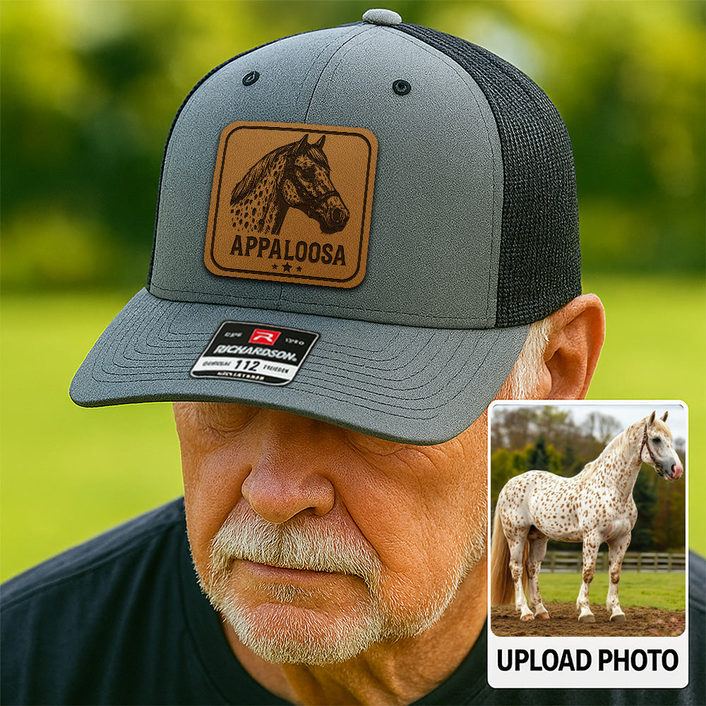 Personalized Horse Photo Leather Patch Hat | Custom Pet Photo Trucker Hat | Horse Farm Lovers Gift THUC99P14