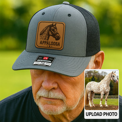 Personalized Horse Photo Leather Patch Hat | Custom Pet Photo Trucker Hat | Horse Farm Lovers Gift THUC99P14