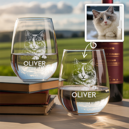 Custom Photo Cat Stemless Wine Glass | Cat Photo Stemless Wine Glass | Cat Lover Gift TNNGL10